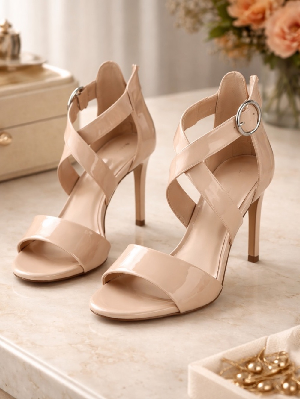 Nude Patent Crisscross High Heel Sandals - Women